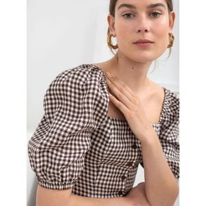& Other Stories linen puff sleeve square neck gingham top in brown & white